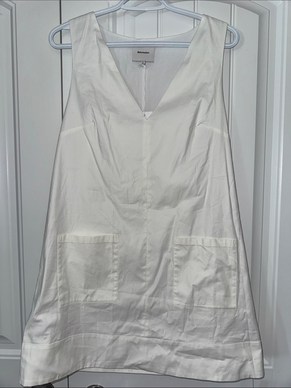 Reformation White V-Neck A-Line Dress with Front Pockets